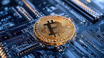 golden cryptocurrency coin on digital circuit board, symbolizing blockchain technology photo