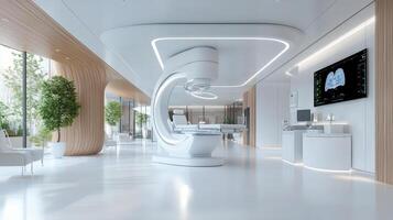 modern, futuristic hospital interior featuring advanced medical equipment and bright photo