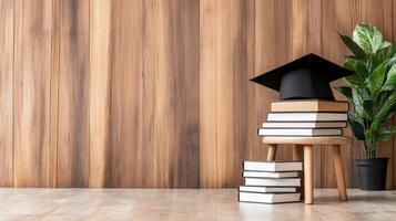 Graduation cap on books symbolizes achievement and education journey photo