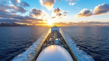 liquefied natural gas tanker sailing across ocean at sunset photo