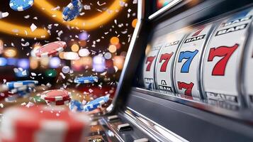 massive jackpot win on slot machine with colorful chips and confetti photo