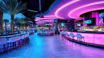 vibrant neon lit bar inside casino, featuring stylish seating and palm trees photo