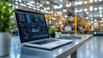production supervisor monitoring digital dashboard in factory photo