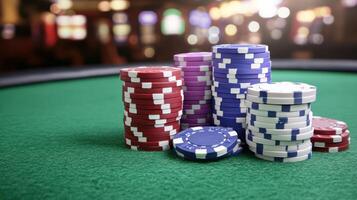 High stacks of colorful casino chips on green felt table, ready for play photo