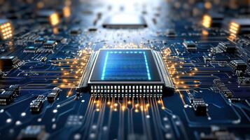 Futuristic quantum AI processor glowing with energy on circuit board photo