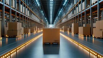 Efficient cargo handling in modern warehouse with illuminated pathways photo