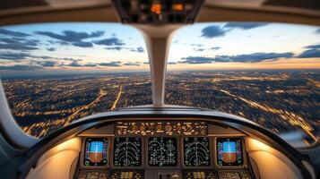 pilot view from cockpit during takeoff, showcasing city lights photo