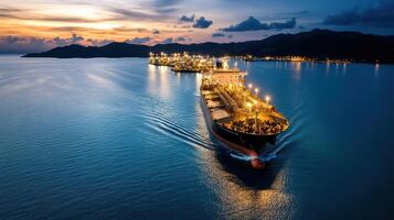 ship navigating towards large oil terminal at sunset, creating serene atmosphere photo