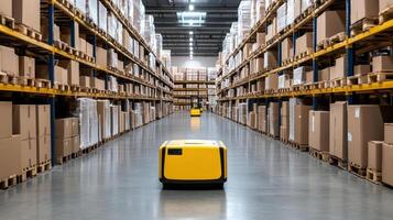 Automated forklifts transport goods in smart warehouse environment photo