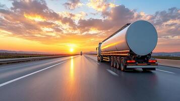 Transporting refined petroleum, tanker truck drives on highway at sunset photo