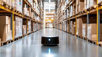 warehouse robot moving inventory between shelves in modern facility photo