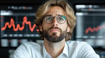 worried investor analyzing red falling stock market trends photo