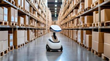 warehouse robot moving inventory between shelves in storage facility photo