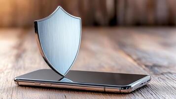 3D shield icon hovering over smartphone, symbolizing security photo