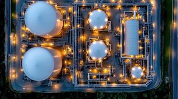 Aerial view of sprawling oil refinery with storage tanks and pipelines photo