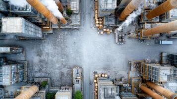 Aerial view of massive industrial complex with smokestacks and structures photo