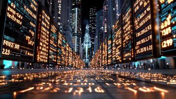 futuristic cityscape with glowing stock market data displays and digital elements photo