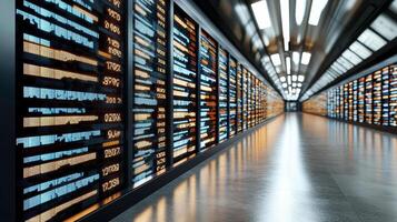 futuristic corridor displaying digital data visualizations and stock market trends photo