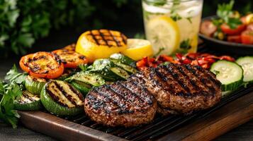 Grilled burgers and vegetables on barbecue with fresh herbs and lemon photo