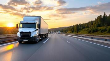 logistics truck driving on highway during beautiful sunset photo
