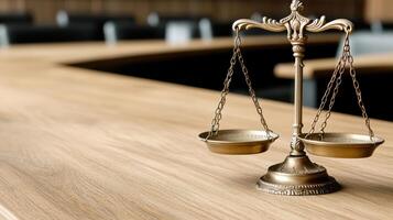 golden scale of justice on wooden table in courtroom setting photo