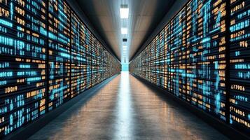 futuristic data corridor filled with glowing digital information photo