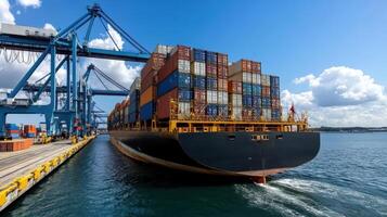 cargo ship unloading containers at busy port under clear sky photo