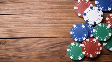 Colorful poker chips stacked on wooden table, ready for game photo