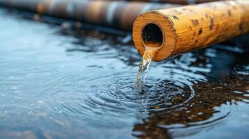 Crude oil flowing from pipe into water, showcasing extraction process photo