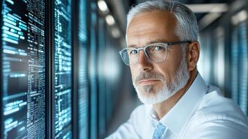 Experienced executive reviewing cybersecurity policies in modern office photo