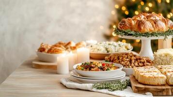 cozy dinner table set with homemade feast featuring various dishes photo