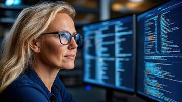 focused woman working on computer programming with dual monitors photo