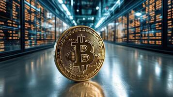 shiny Bitcoin stands prominently in digital trading environment, symbolizing cryptocurrency photo
