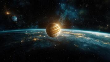 stunning view of Jupiter in deep space, surrounded by stars and planets photo