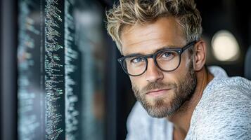 focused man with glasses working on computer in modern setting photo