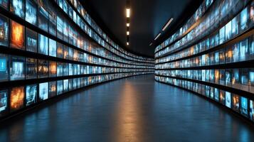 futuristic gallery displaying numerous digital screens with vibrant images photo
