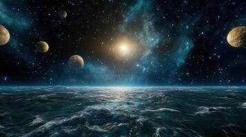stunning cosmic scene featuring planets and glowing star above vast ocean photo