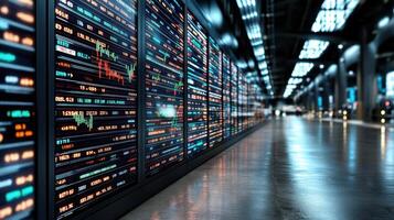 High tech financial trading floor with stock market data displays photo