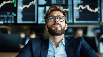 focused man in suit observes stock market trends on screens, reflecting on financial changes photo