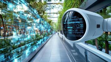 Futuristic AI surveillance system analyzing data in modern environment photo
