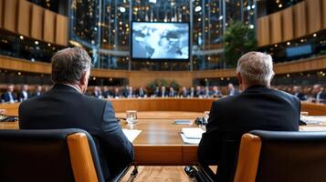 Global leaders at economic summit discussing important issues photo