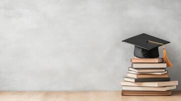 Graduation cap resting on stack of books symbolizes achievement and education photo