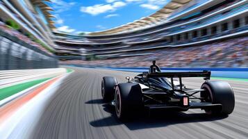 High performance race car speeding around professional track, showcasing speed and excitement photo