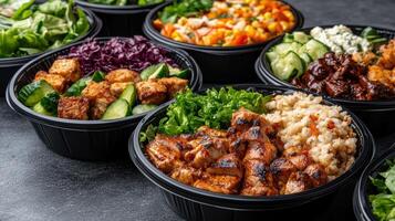 Fresh meal bowls featuring grilled chicken, vegetables, and rice photo