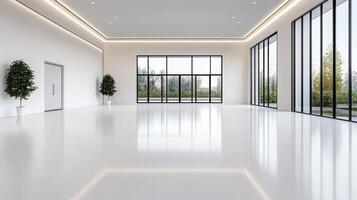 Spacious modern interior with large windows and polished floor photo