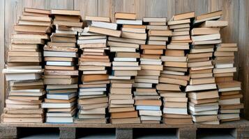 Piles of books stacked on wooden pallet in library setting photo