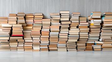 Stacks of books in library setting create cozy atmosphere photo