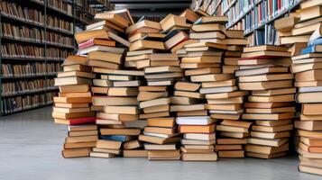 Piles of books stacked in library, showcasing love for reading photo