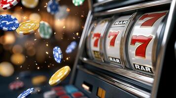thrilling jackpot win on slot machine with colorful chips flying photo