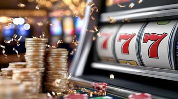 Massive jackpot win on slot machine with coins and confetti flying photo